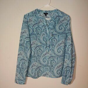 Talbots Ruffle V-Neck Long cuffed Sleeve Stand Collar Paisley Blouse Sz 14 Blue